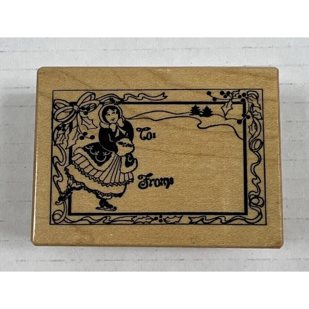 PSX F-392 Christmas Rubber Stamp GIRL ICE SKATING VINTAGE TO/FROM TAG LABEL